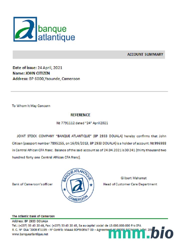 Kamerun przykład odniesienia do banku Atlantyckiego w formatach Word i PDF